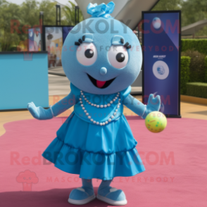 Cyan Petanque Ball mascot costume character dressed with a Mini Dress and Necklaces