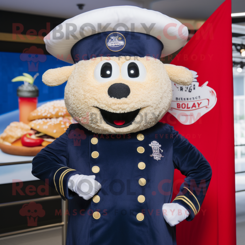 Navy Beef Wellington mascot costume character dressed with a Jeans and Berets Navy Beef Wellington mascot costume character dressed with a Jeans and Berets