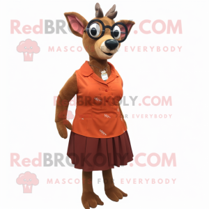 Rust Deer mascot costume character dressed with a A-Line Dress and Eyeglasses