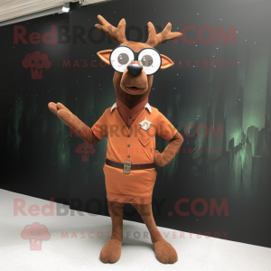 Rust Deer mascot costume character dressed with a A-Line Dress and Eyeglasses