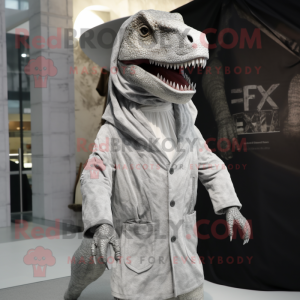 Silver T Rex mascot costume character dressed with a Coat and Earrings