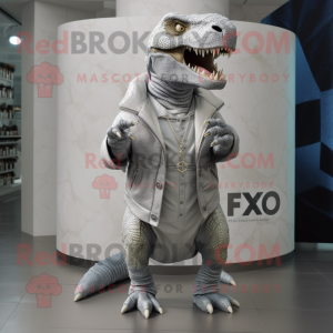 Silver T Rex mascot costume character dressed with a Coat and Earrings