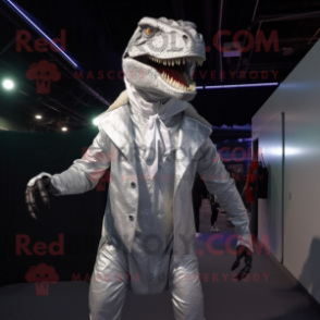 Silver T Rex mascot costume character dressed with a Coat and Earrings
