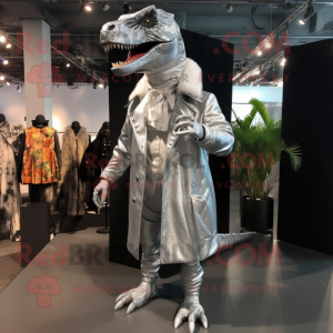 Silver T Rex mascot costume character dressed with a Coat and Earrings