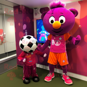 Magenta Soccer Ball mascot costume character dressed with a Corduroy Pants and Brooches
