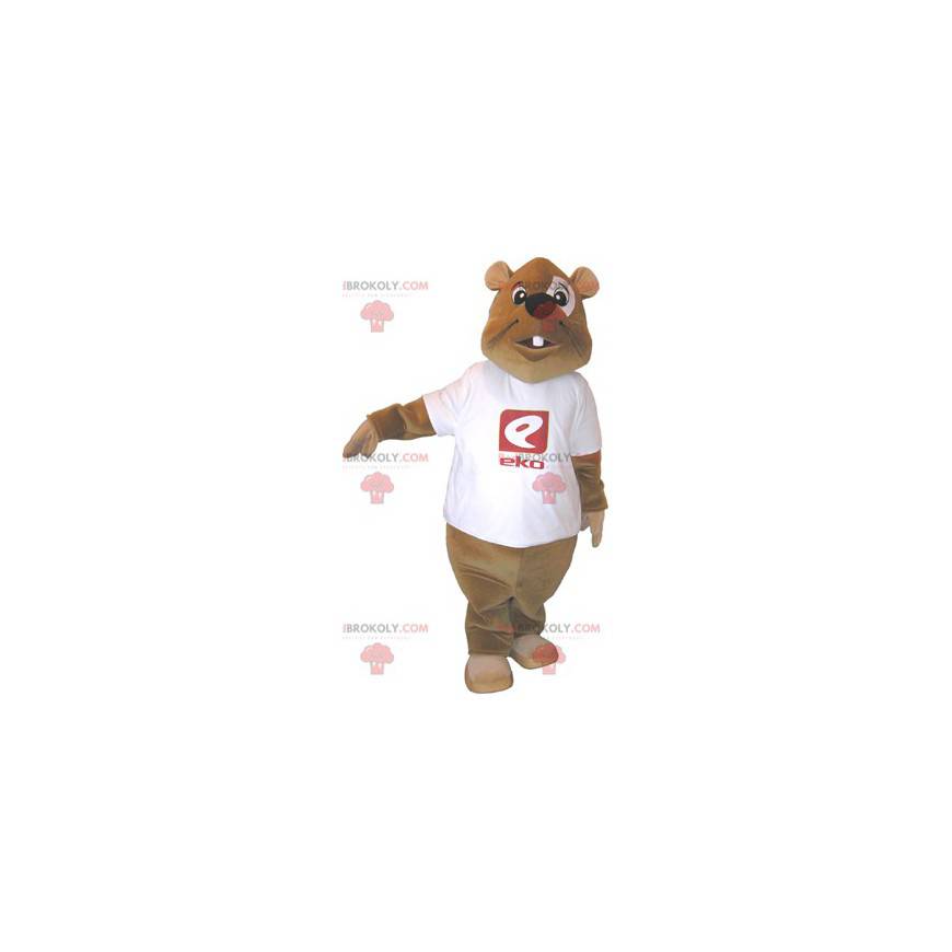 Braunes Bibermaskottchen mit einem weißen T-Shirt -