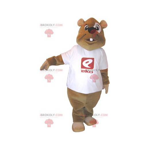 Braunes Bibermaskottchen mit einem weißen T-Shirt -