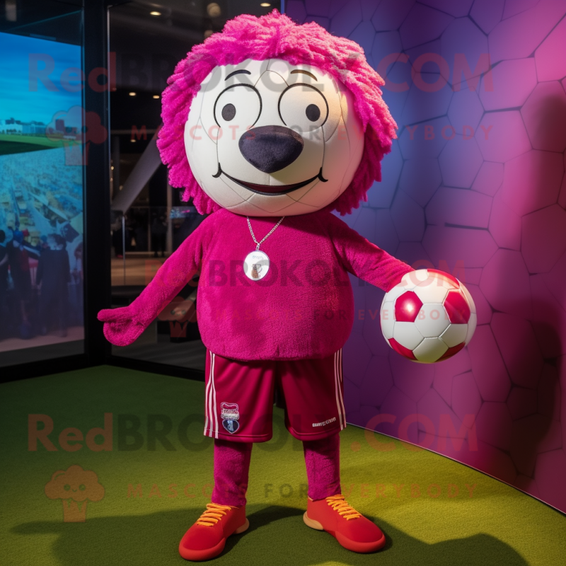 Magenta Soccer Ball mascot costume character dressed with a Corduroy Pants and Brooches