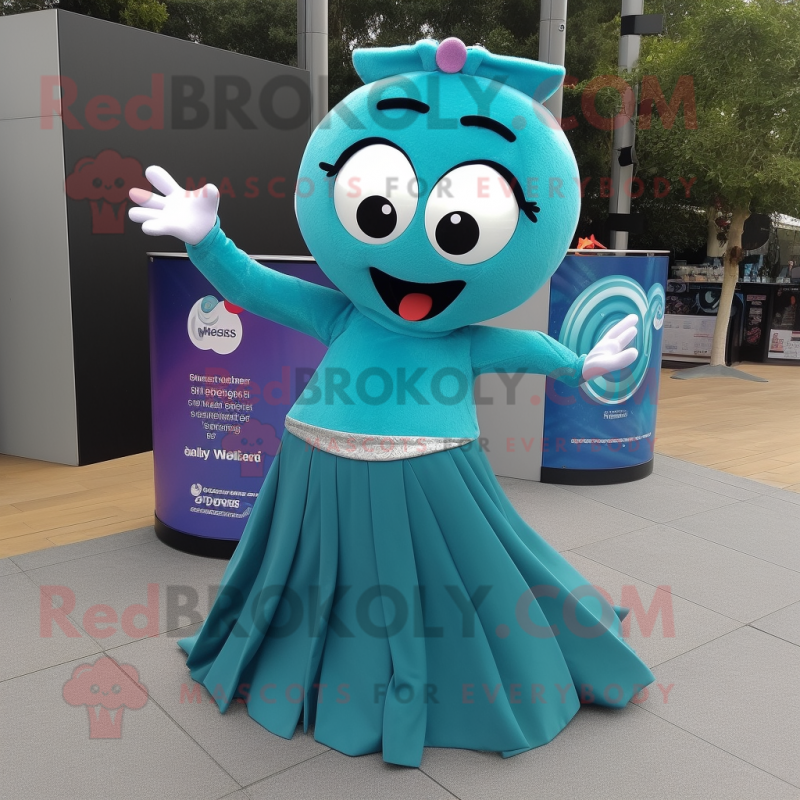 Teal Contortionist mascot costume character dressed with a Maxi Skirt and Keychains