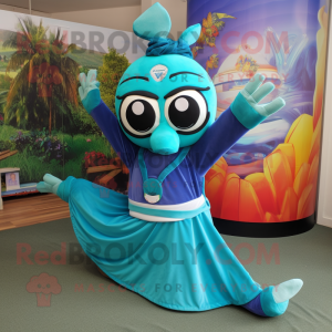 Teal Contortionist mascot costume character dressed with a Maxi Skirt and Keychains