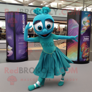 Teal Contortionist mascot costume character dressed with a Maxi Skirt and Keychains