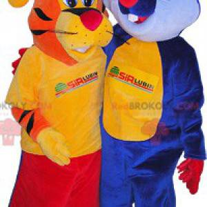 2 mascotte: una tigre arancione e un coniglio blu -