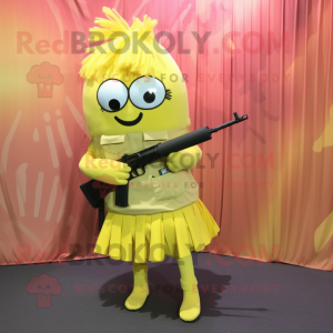 Lemon Yellow Sniper mascot costume character dressed with a Wrap Skirt and Hair clips