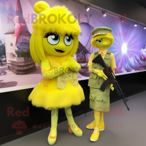 Lemon Yellow Sniper mascot costume character dressed with a Wrap Skirt and Hair clips