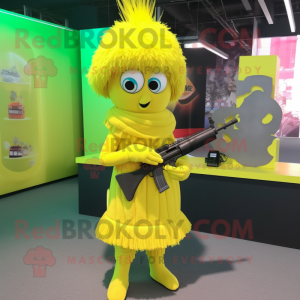 Lemon Yellow Sniper mascot costume character dressed with a Wrap Skirt and Hair clips