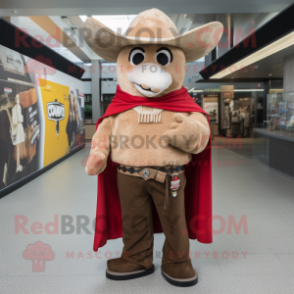 Tan Cowboy mascot costume character dressed with a Jacket and Shawl pins