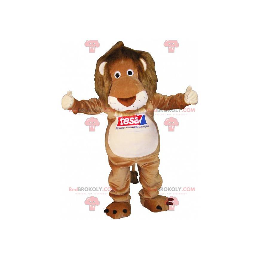 Mascote tigre marrom e bege com uma juba peluda - Redbrokoly.com