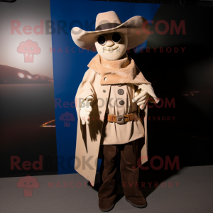 Tan Cowboy mascot costume character dressed with a Jacket and Shawl pins