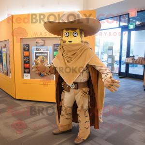 Tan Cowboy mascot costume character dressed with a Jacket and Shawl pins