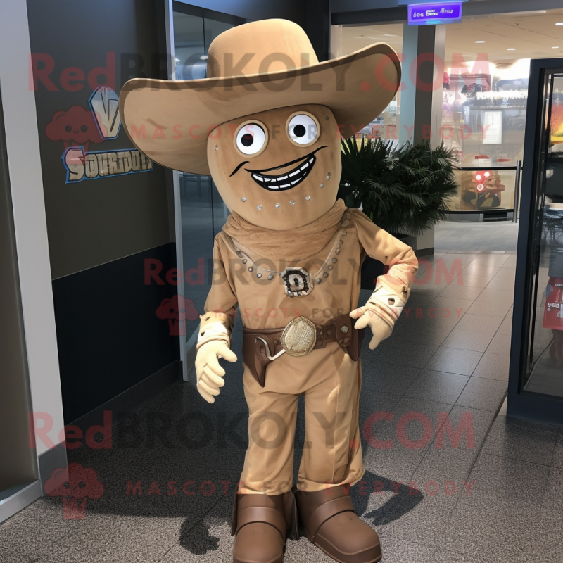 Tan Cowboy mascot costume character dressed with a Jacket and Shawl pins