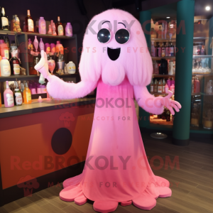 Pink Ghost mascot costume character dressed with a Cocktail Dress and Handbags