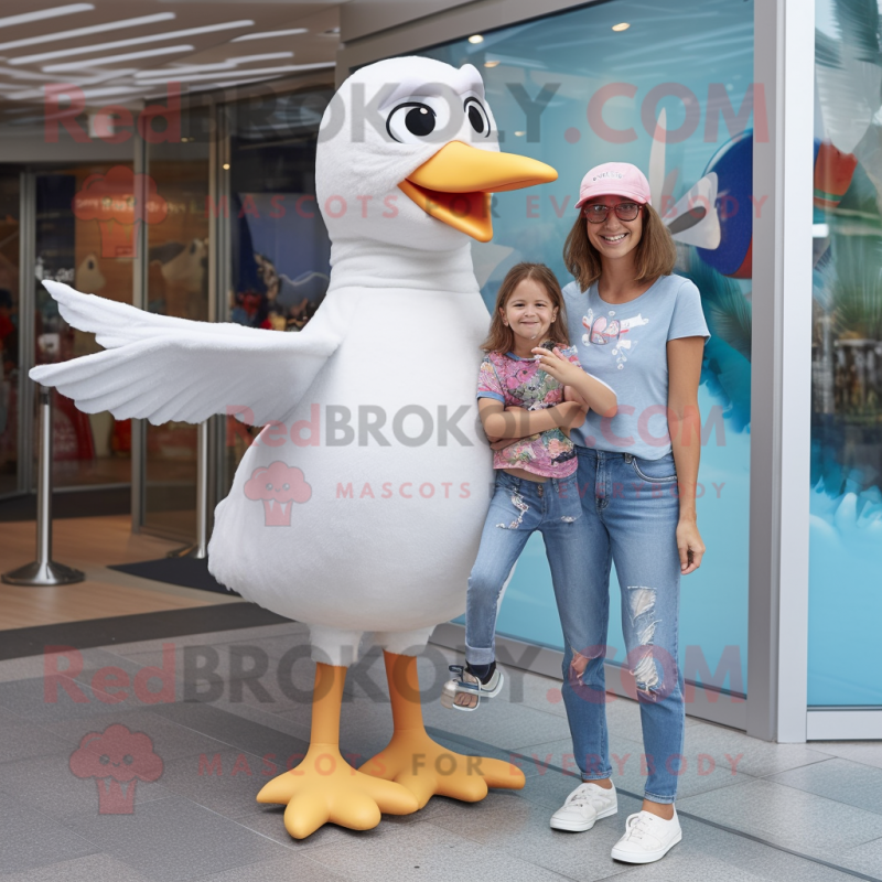 Silver Seagull mascot costume character dressed with a Mom Jeans and Headbands