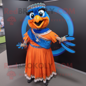 Orange Blue Jay mascot costume character dressed with a Maxi Skirt and Bracelets