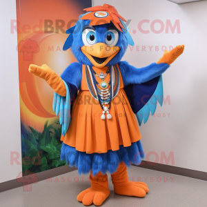 Orange Blue Jay mascot costume character dressed with a Maxi Skirt and Bracelets