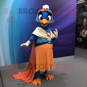 Orange Blue Jay mascot costume character dressed with a Maxi Skirt and Bracelets