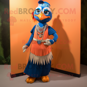 Orange Blue Jay mascot costume character dressed with a Maxi Skirt and Bracelets