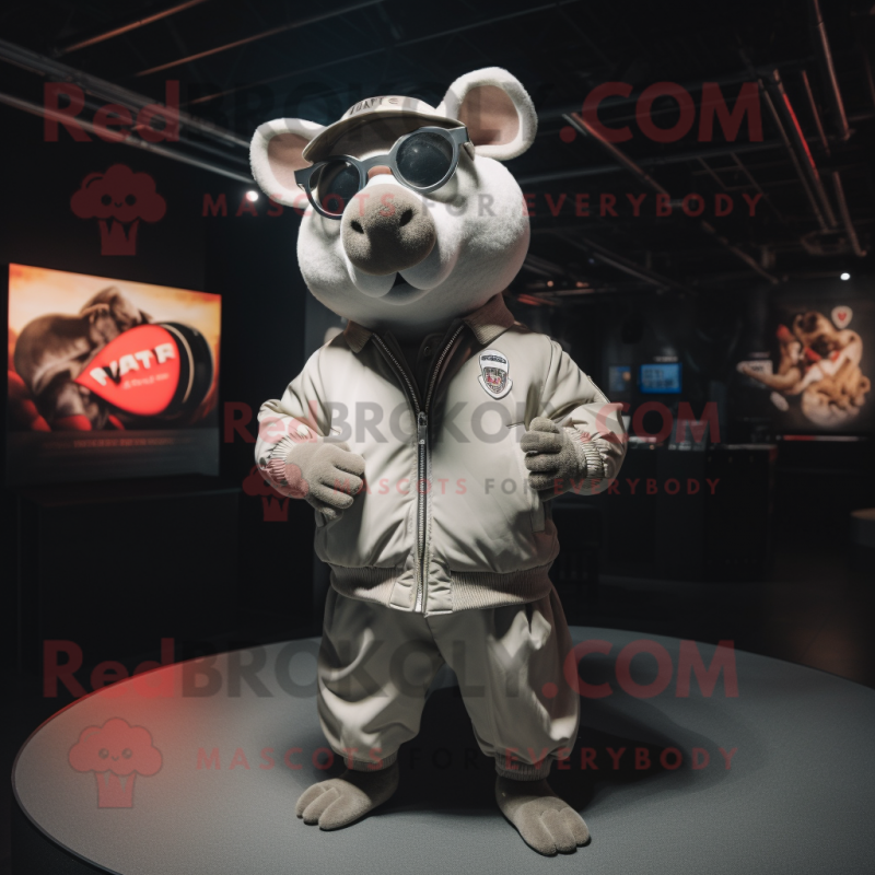 Silver Sow mascot costume character dressed with a Bomber Jacket and Eyeglasses Silver Sow mascot costume character dressed with a Bomber Jacket and Eyeglasses