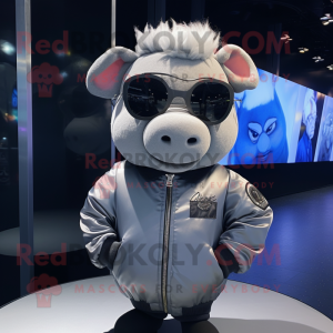 Silver Sow mascot costume character dressed with a Bomber Jacket and Eyeglasses