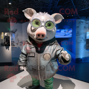 Silver Sow mascot costume character dressed with a Bomber Jacket and Eyeglasses