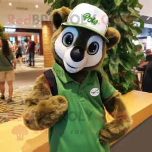 Forest Green Lemur mascot costume character dressed with a Polo Tee and Caps