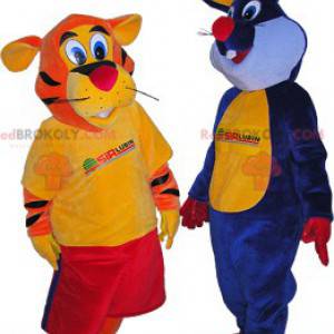 2 mascotte: una tigre arancione e un coniglio blu -