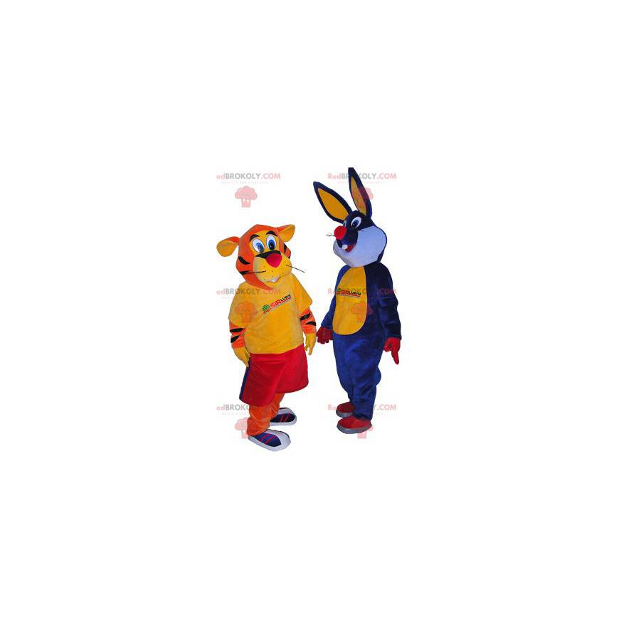 2 maskoter: en oransje tiger og en blå kanin - Redbrokoly.com