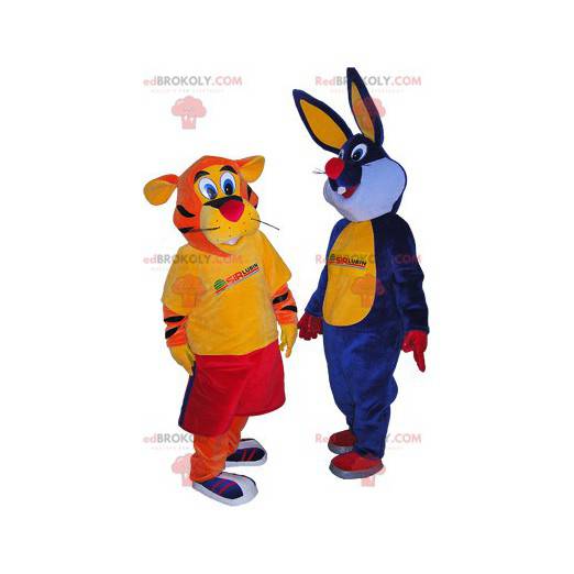 2 mascotte: una tigre arancione e un coniglio blu -