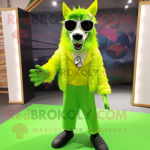 Lime Green Say Wolf mascot costume character dressed with a Pleated Skirt and Sunglasses