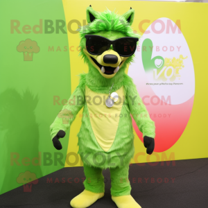 Lime Green Say Wolf mascot costume character dressed with a Pleated Skirt and Sunglasses