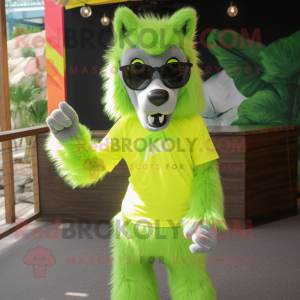 Lime Green Say Wolf mascot costume character dressed with a Pleated Skirt and Sunglasses