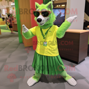 Lime Green Say Wolf mascot costume character dressed with a Pleated Skirt and Sunglasses