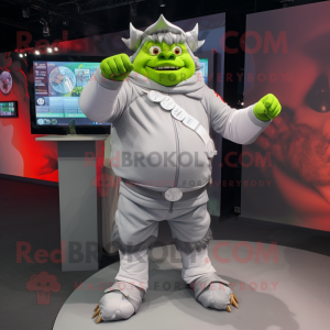 Silver Ogre mascot costume character dressed with a Windbreaker and Smartwatches