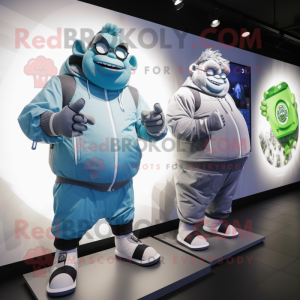 Silver Ogre mascot costume character dressed with a Windbreaker and Smartwatches