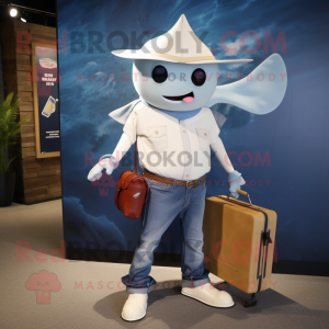 White Stingray mascot costume character dressed with a Denim Shirt and Briefcases