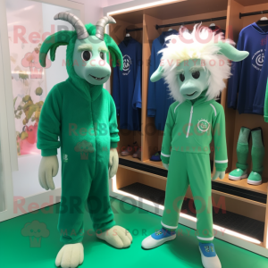 Green Angora Goat mascot costume character dressed with a Jumpsuit and Hairpins