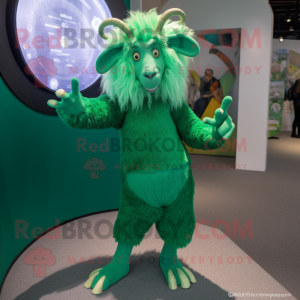 Green Angora Goat mascot costume character dressed with a Jumpsuit and Hairpins