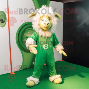 Green Angora Goat mascot costume character dressed with a Jumpsuit and Hairpins