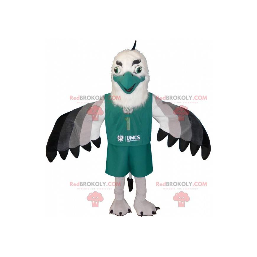 Black and gray white vulture eagle mascot dressed in green -