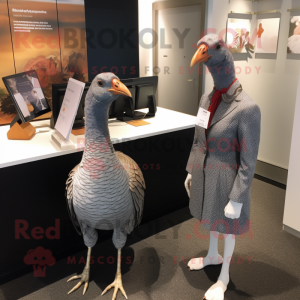 Silver Guinea Fowl mascot costume character dressed with a Shift Dress and Pocket squares