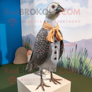 Silver Guinea Fowl mascot costume character dressed with a Shift Dress and Pocket squares